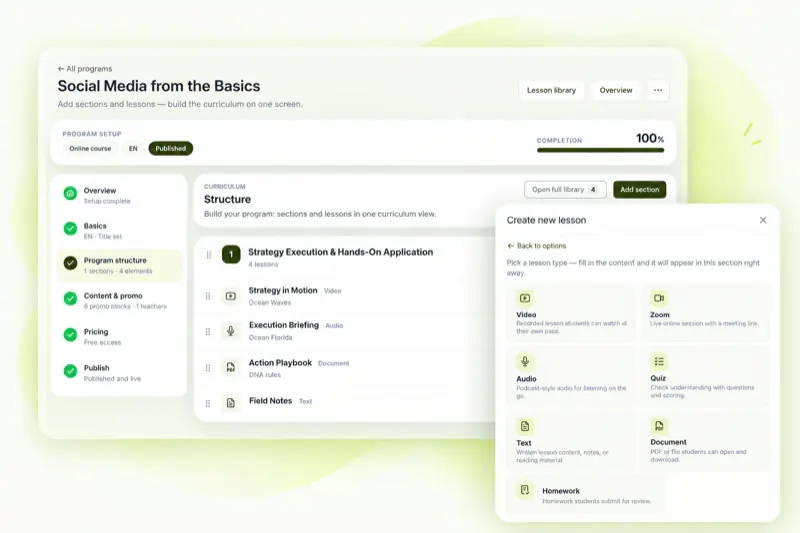 Kursuse redaktor SelfGrow: programm, õppetunnid ja õppetunni seaded