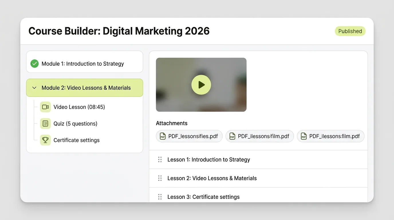 Course builder with modules, a video lesson, a quiz and PDF attachments