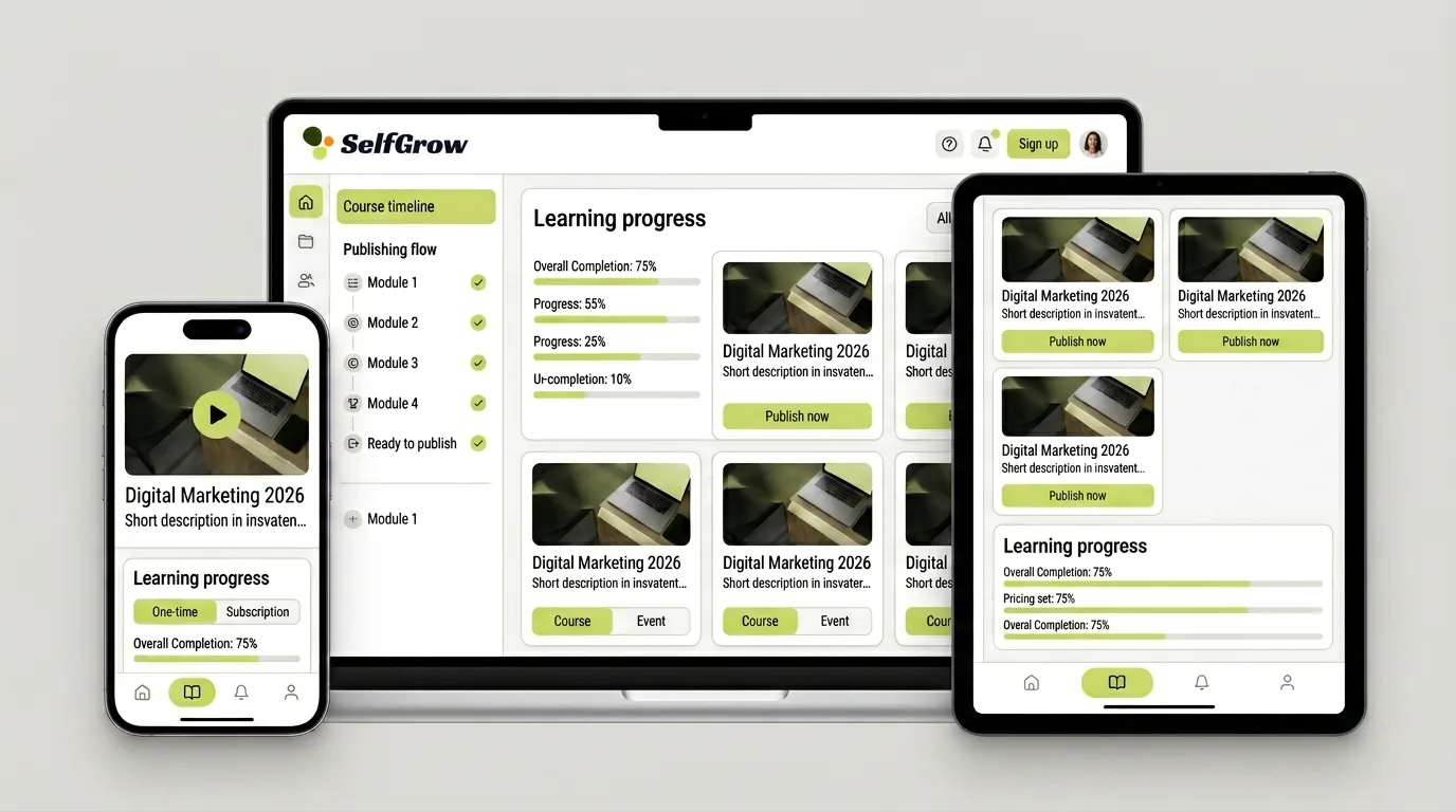 A SelfGrow course shown on laptop, tablet and phone