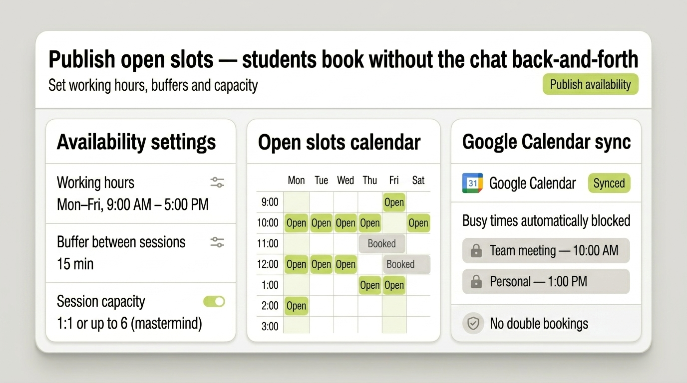 Publique horarios libres — los alumnos reservan sin ir y venir por el chat